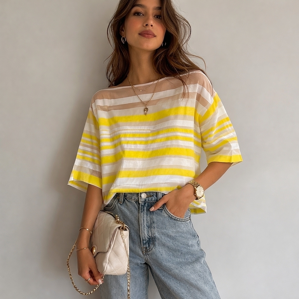 Un Hotel Dutch Design, Size Small, Yellow and White Stripes, 45% Cotton